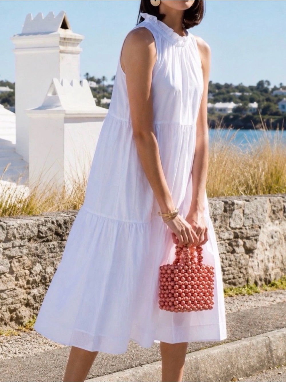 MIDI white poplin cotton dress by LAKE Pajamas Ruffle Collar
